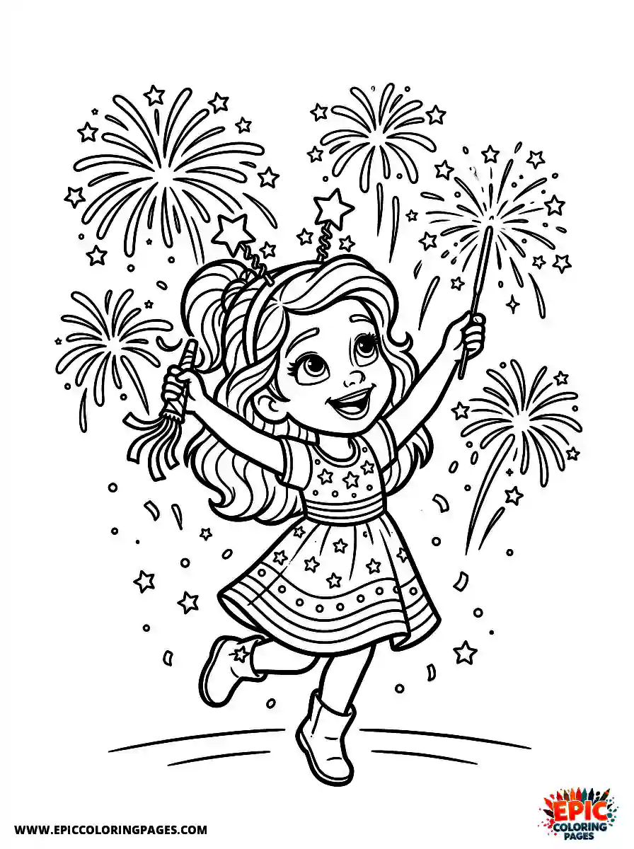 2D Disney Style Girl adorable 2d disney style girl celebrating new year with fireworks