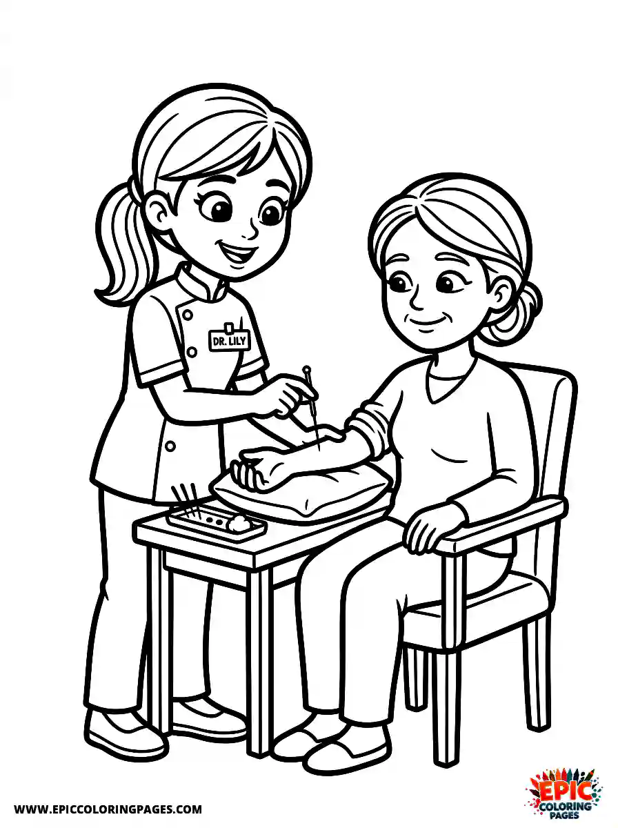 2D Disney Style Girl adorable 2d disney style girl dressed as acupuncturist treating patient