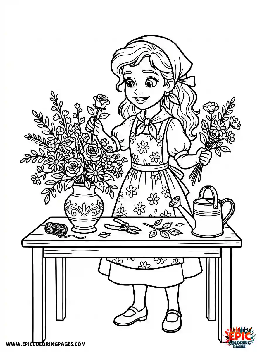 2D Disney Style Girl adorable 2d disney style girl dressed as florist arranging flowers