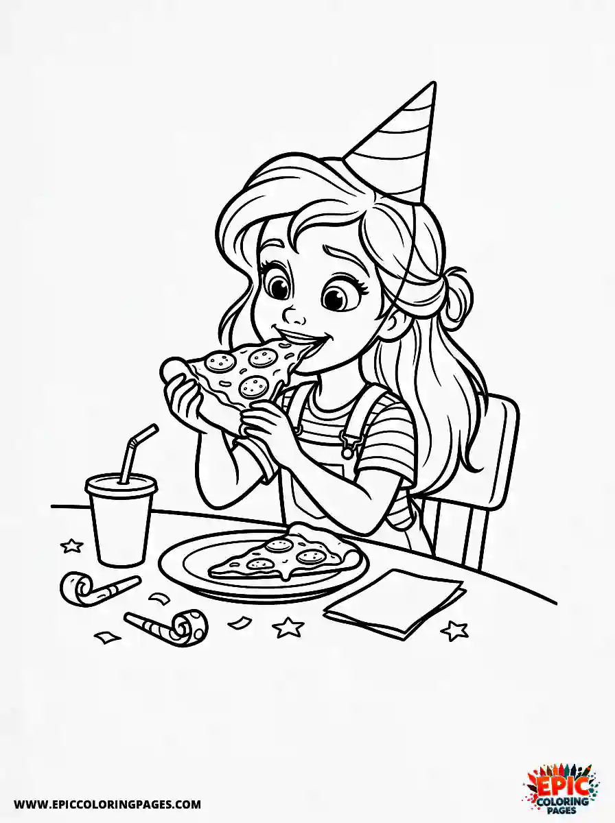 2D Disney Style Girl adorable 2d disney style girl eating pizza at party