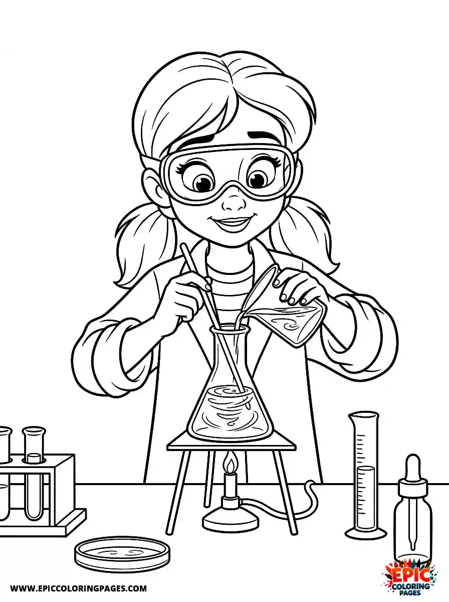 2D Disney Style Girl adorable 2d disney style girl mixing liquids for lab experiment in science class