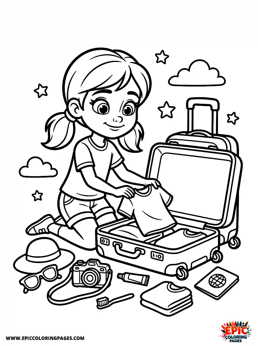 2D Disney Style Girl adorable 2d disney style girl packing suitcase for vacation trip at home