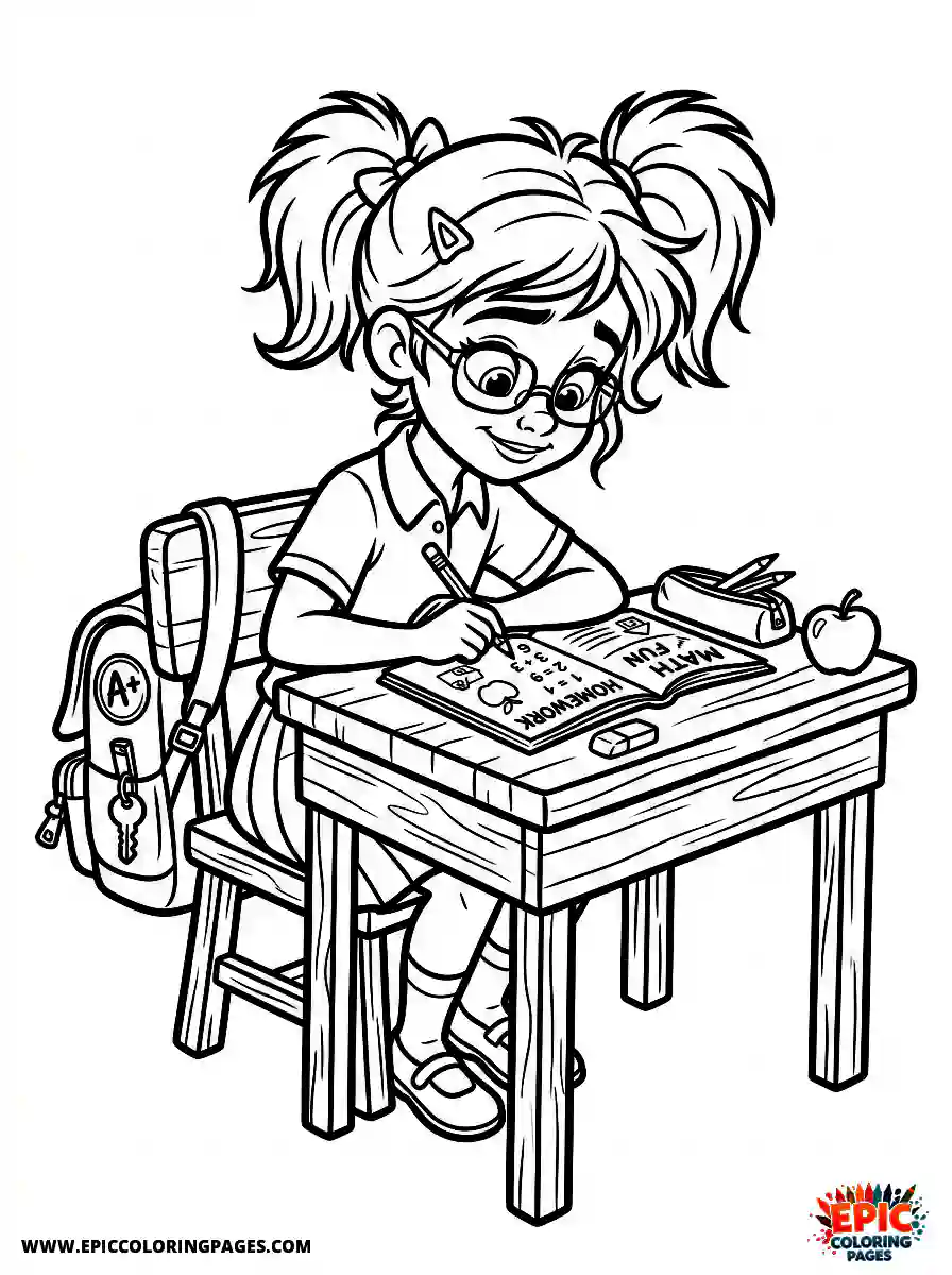 2D Disney Style Girl adorable 2d disney style girl solving homework at school desk after class