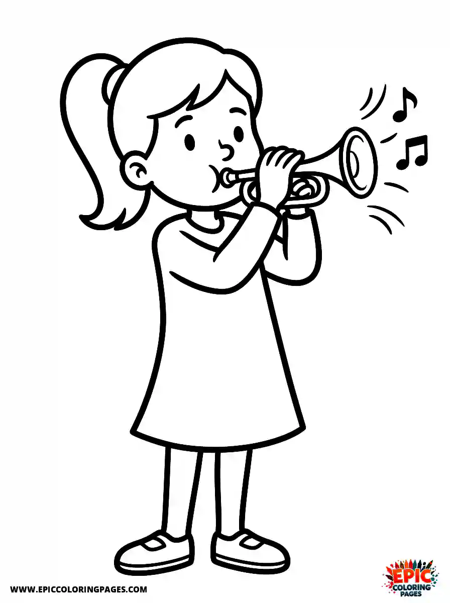 Cartoon Girl cartoon girl blowing a trumpet playing music standing tall