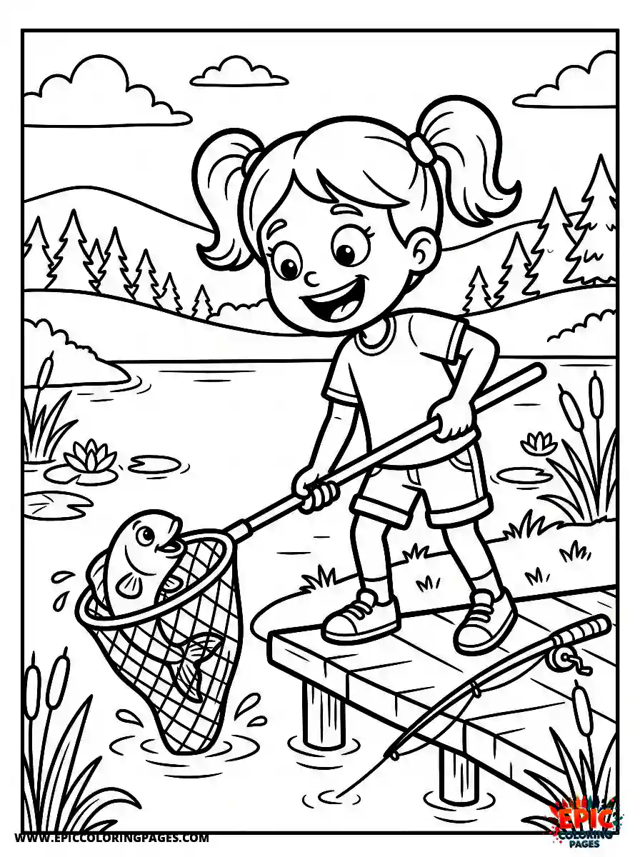 Cartoon Girl cartoon girl catching a fish with a net excited reaction lakeside view