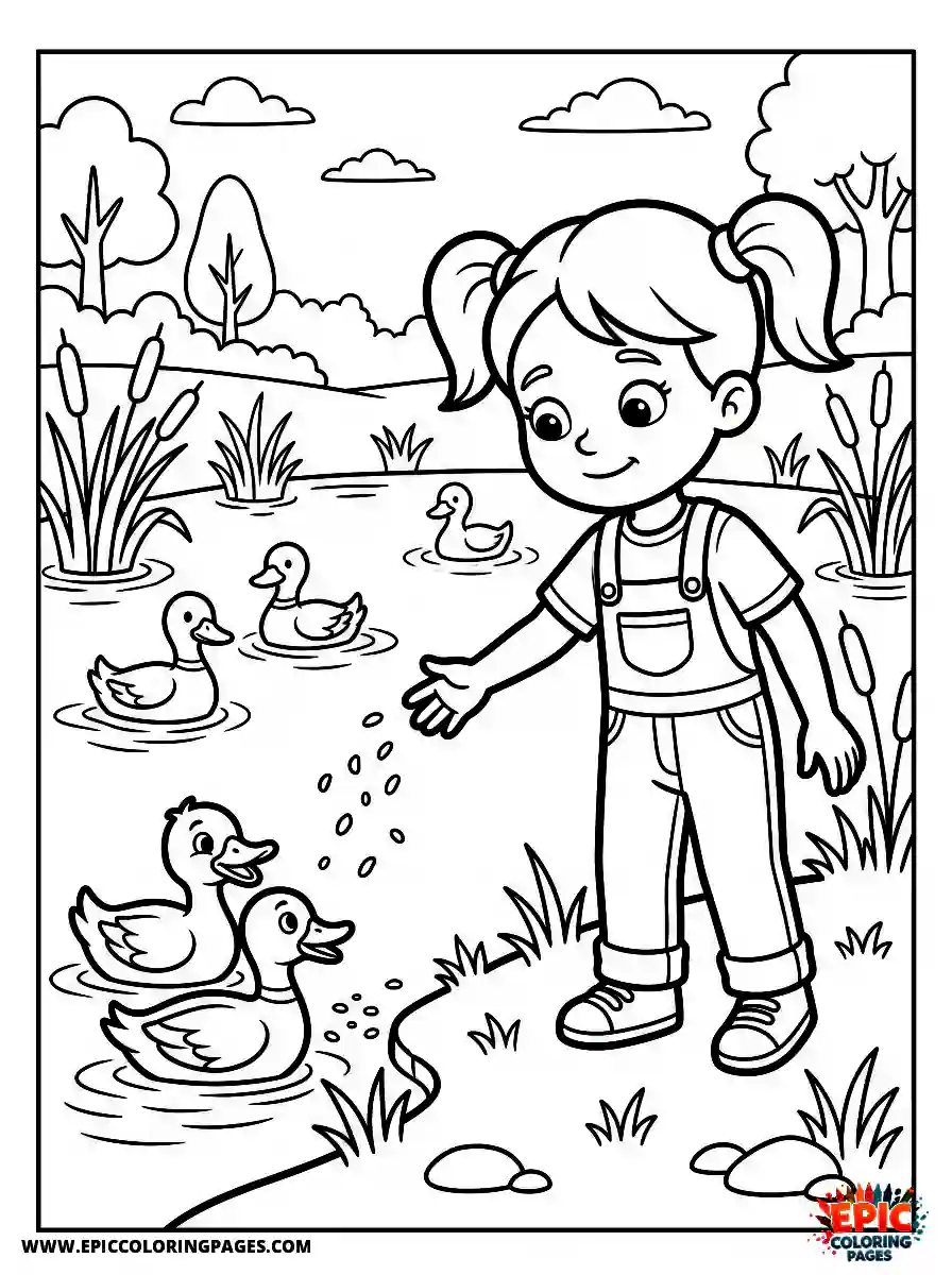 Cartoon Girl cartoon girl feeding ducks at a pond tossing food gently calm expression