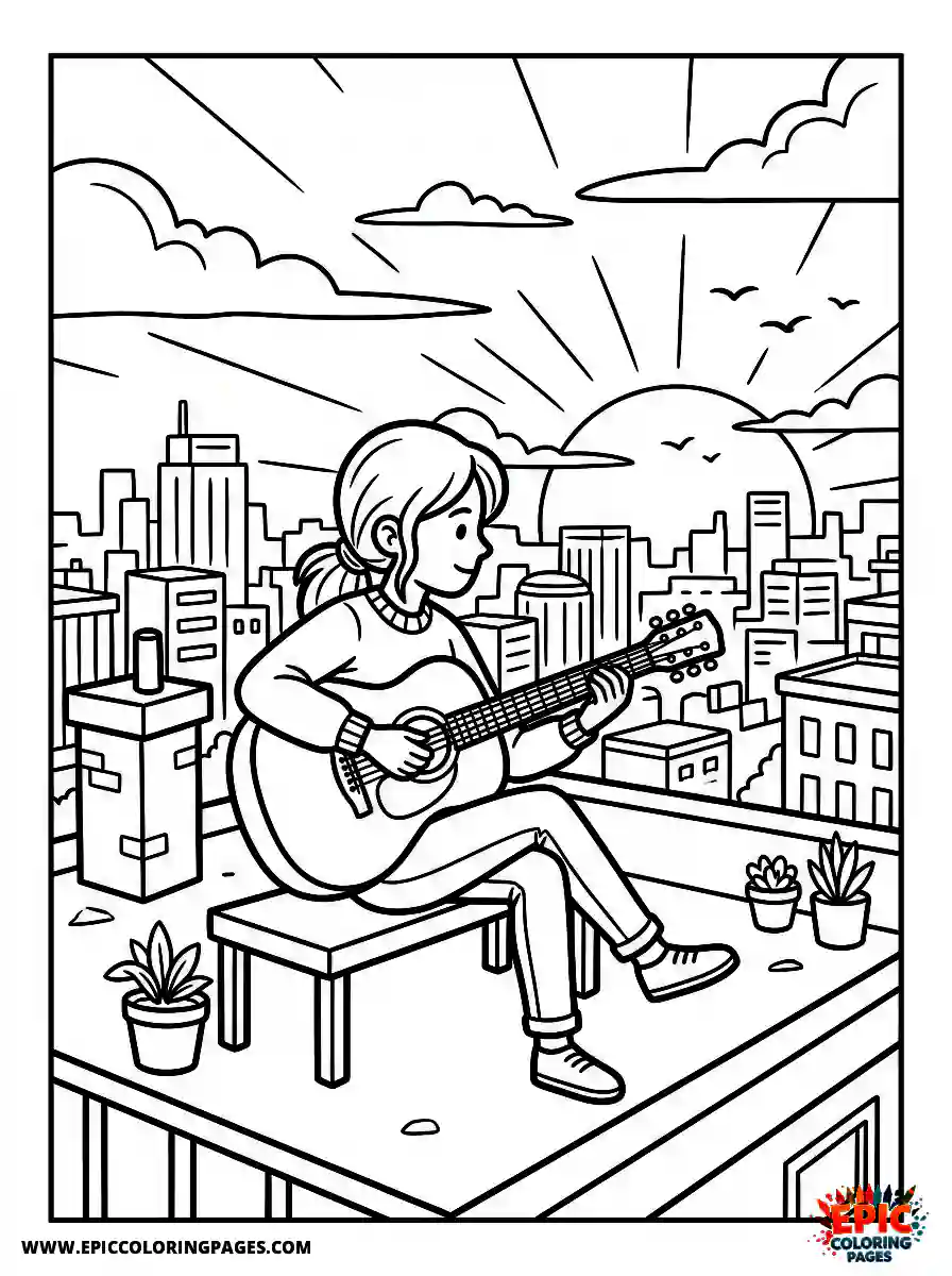 Cartoon Girl cartoon girl playing guitar on a rooftop at sunset relaxed posture side view