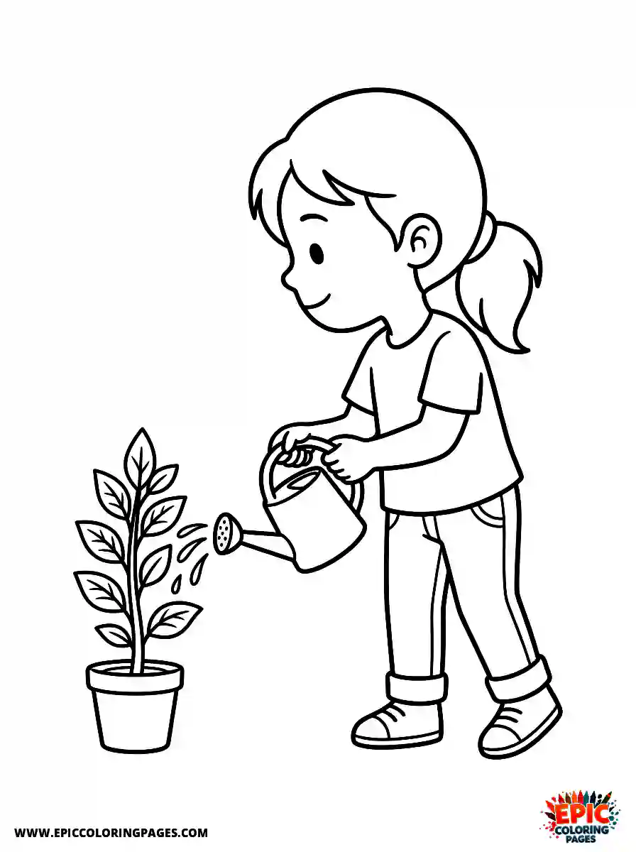 Cartoon Girl cartoon girl watering plants with a small watering can side angle peaceful smile