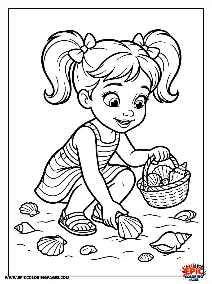 2D Disney Style Girl cute 2d disney style girl collecting seashells on beach