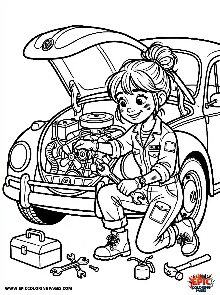 2D Disney Style Girl cute 2d disney style girl dressed as mechanic fixing car