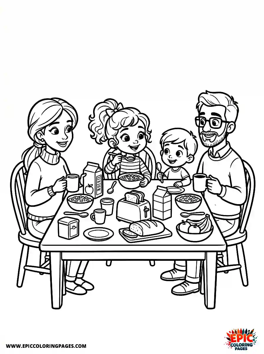 2D Disney Style Girl cute 2d disney style girl eating breakfast at kitchen table with family