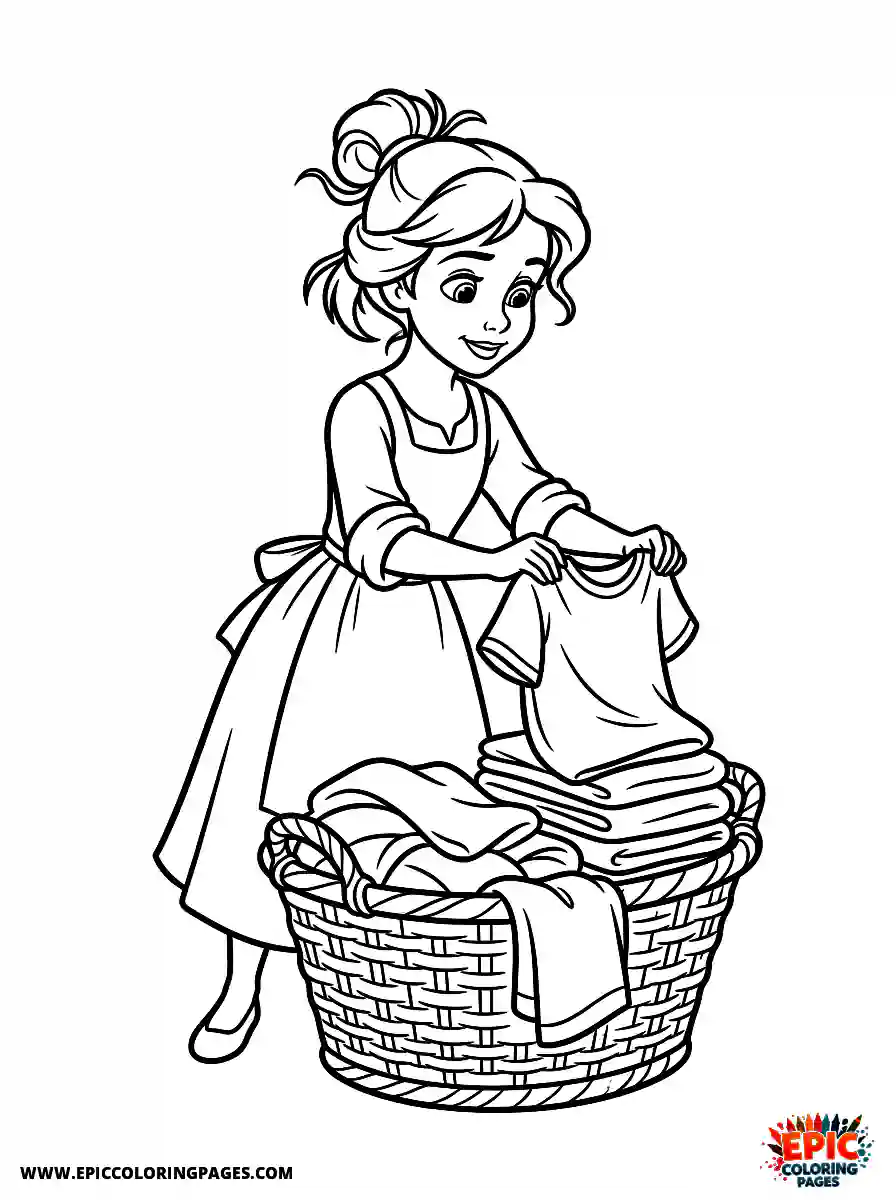2D Disney Style Girl cute 2d disney style girl folding clothes in basket doing laundry at home