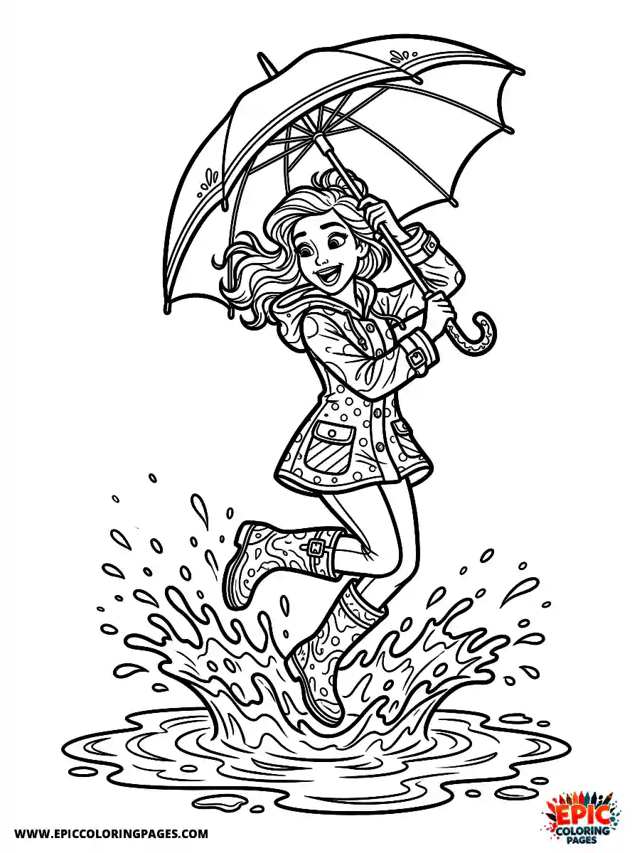 2D Disney Style Girl cute 2d disney style girl jumping in puddles with umbrella