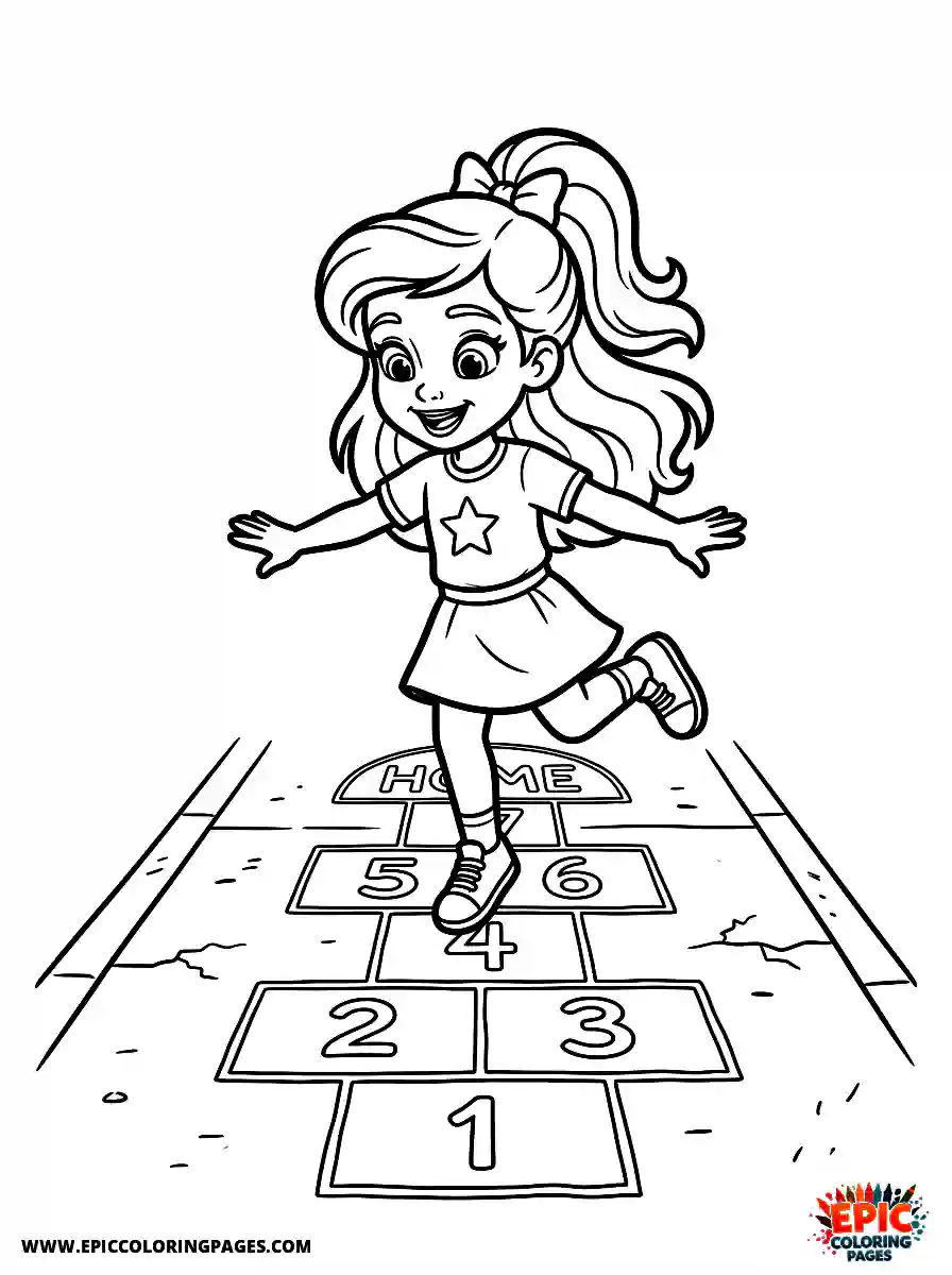 2D Disney Style Girl cute 2d disney style girl playing hopscotch on sidewalk