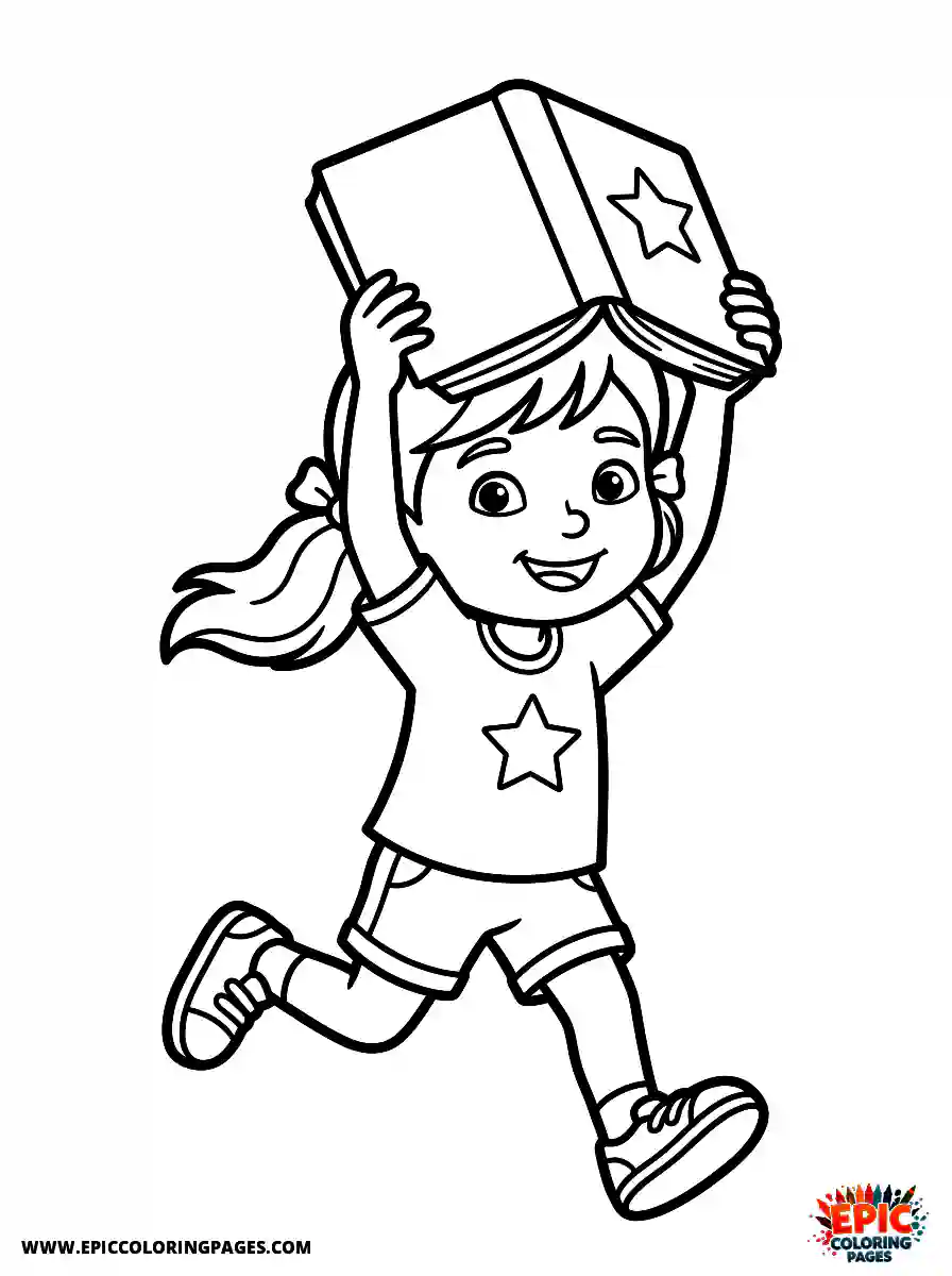 Cartoon Girl cute cartoon girl holding a book above head running playfully