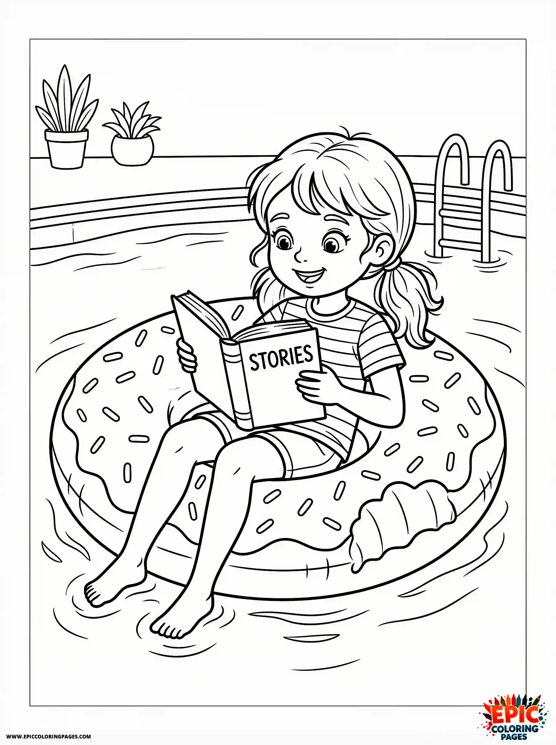 Detailed Girl cute detailed girl reading a book while floating on an inflatable pool toy