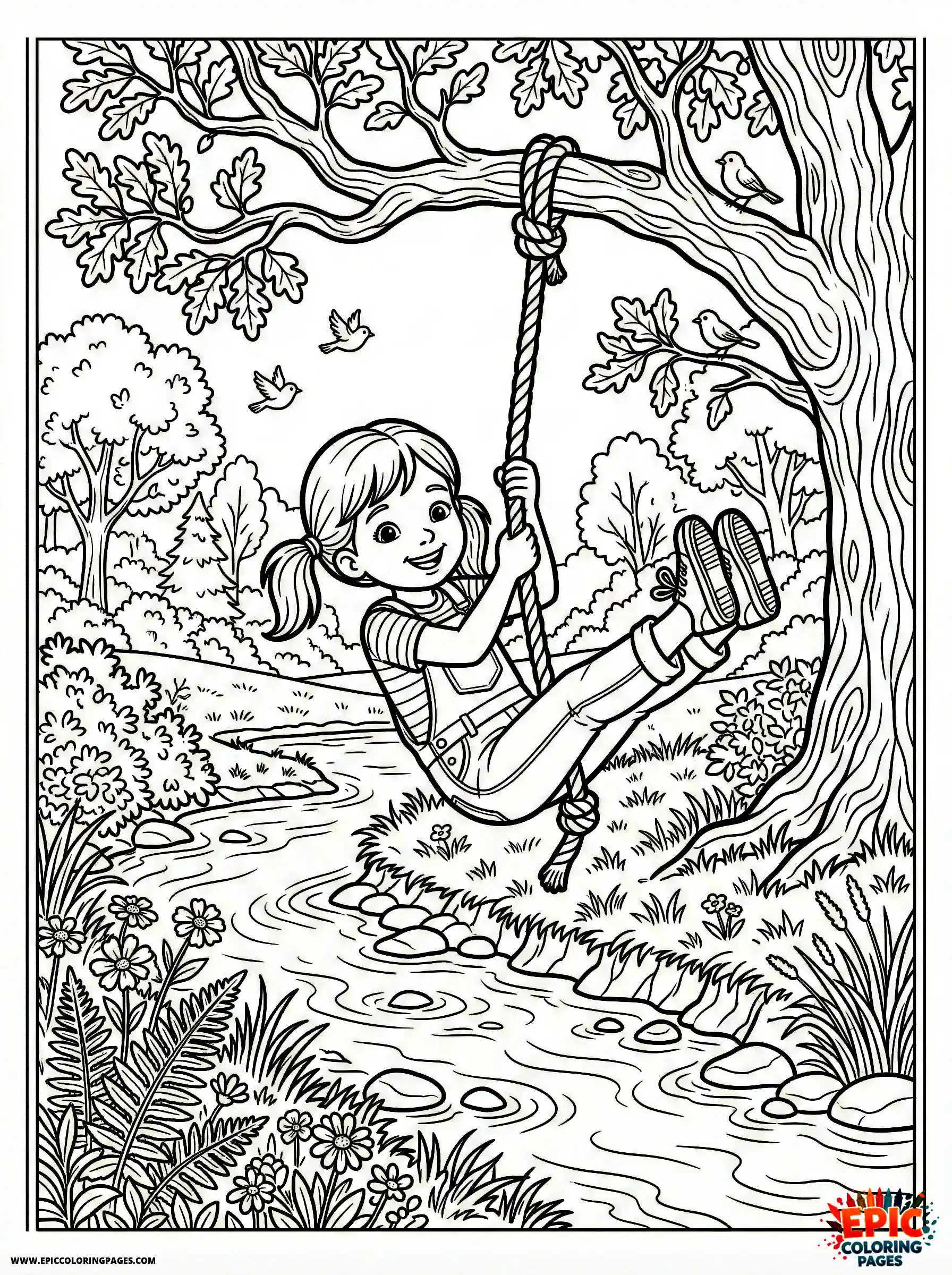 Detailed Girl cute detailed girl swinging on a rope swing over a creek