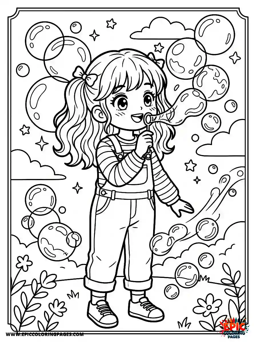 Manga Girl cute manga girl blowing bubbles that float around her whimsical motion