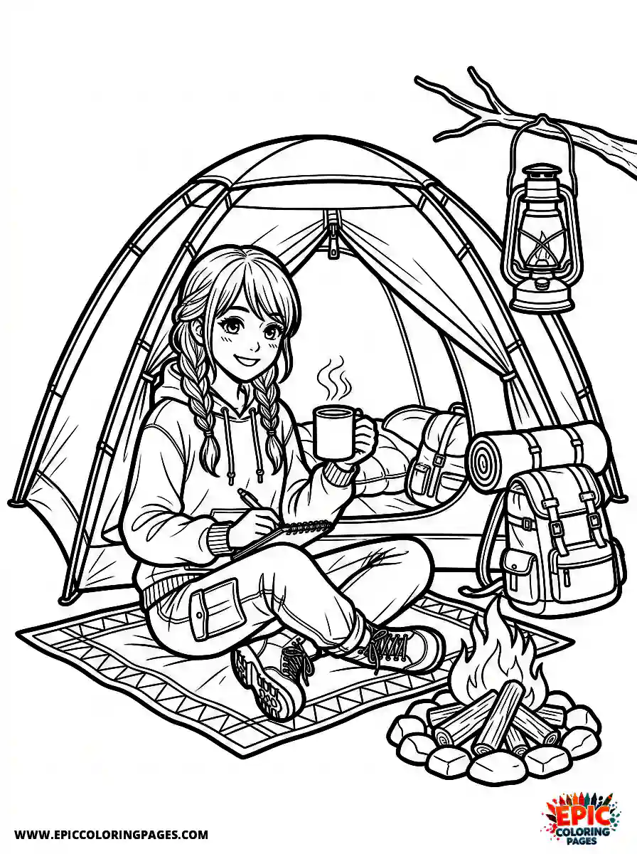 Manga Girl cute manga girl camping with tent outdoors