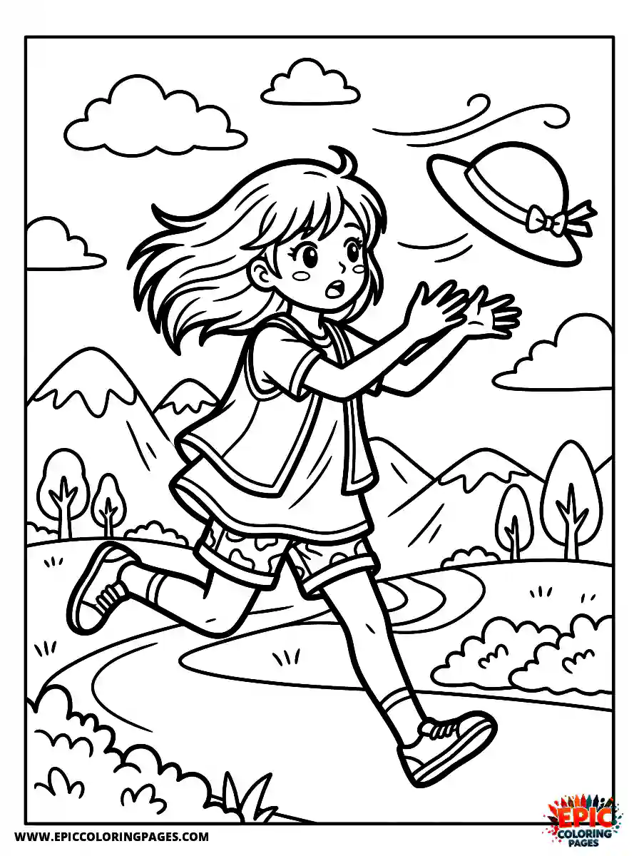 Manga Girl cute manga girl chasing her hat blown by the wind running action