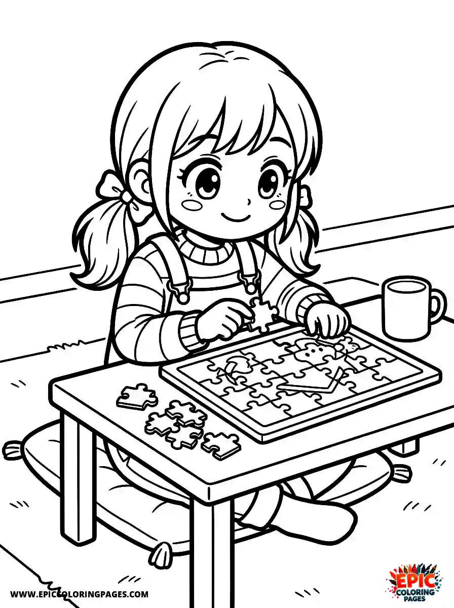 Manga Girl cute manga girl doing puzzle at home