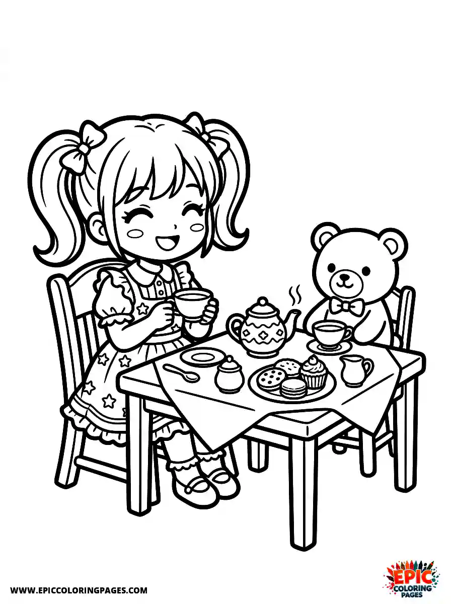 Manga Girl cute manga girl having tea party at home