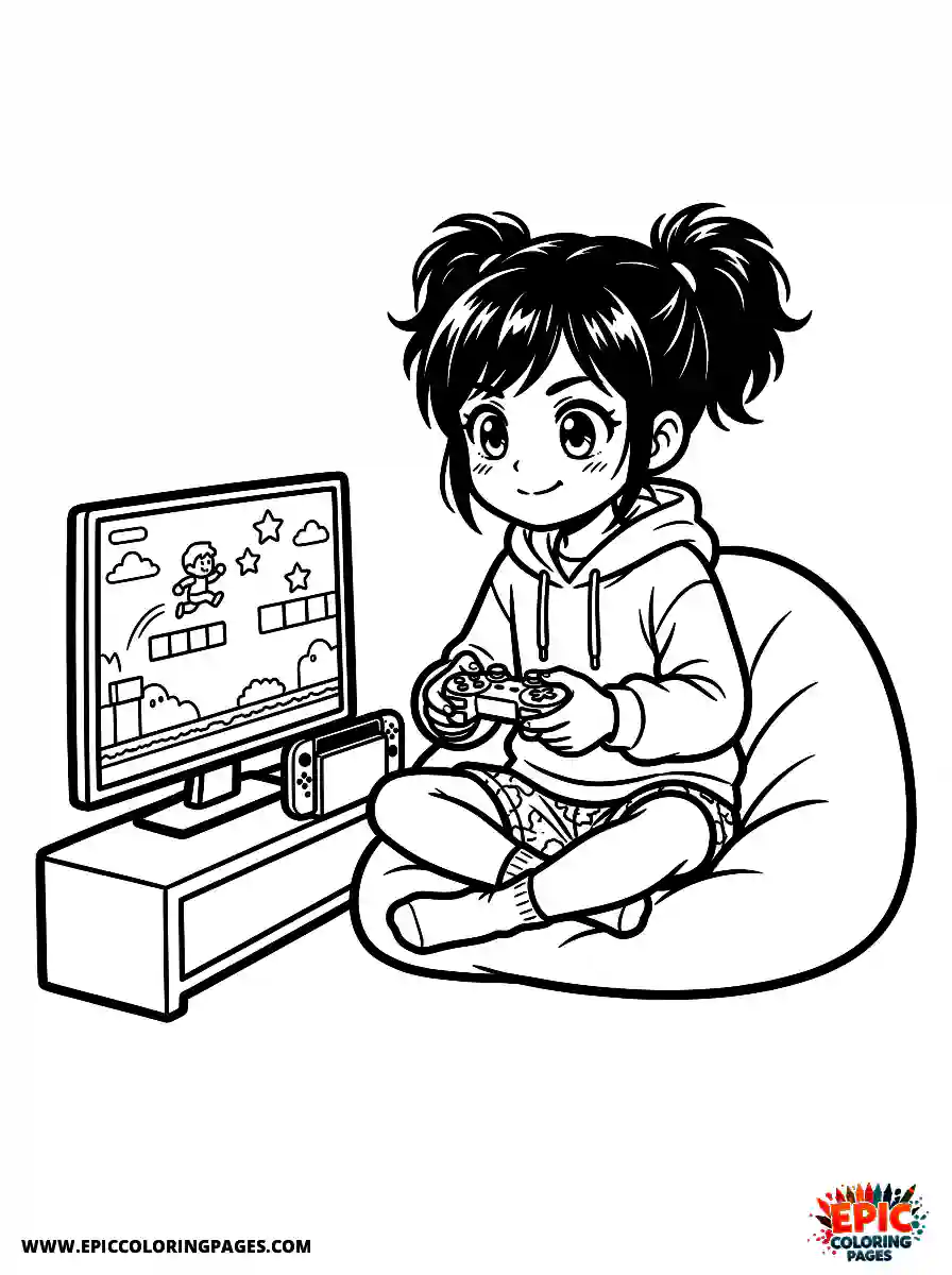 Manga Girl cute manga girl playing video games at home
