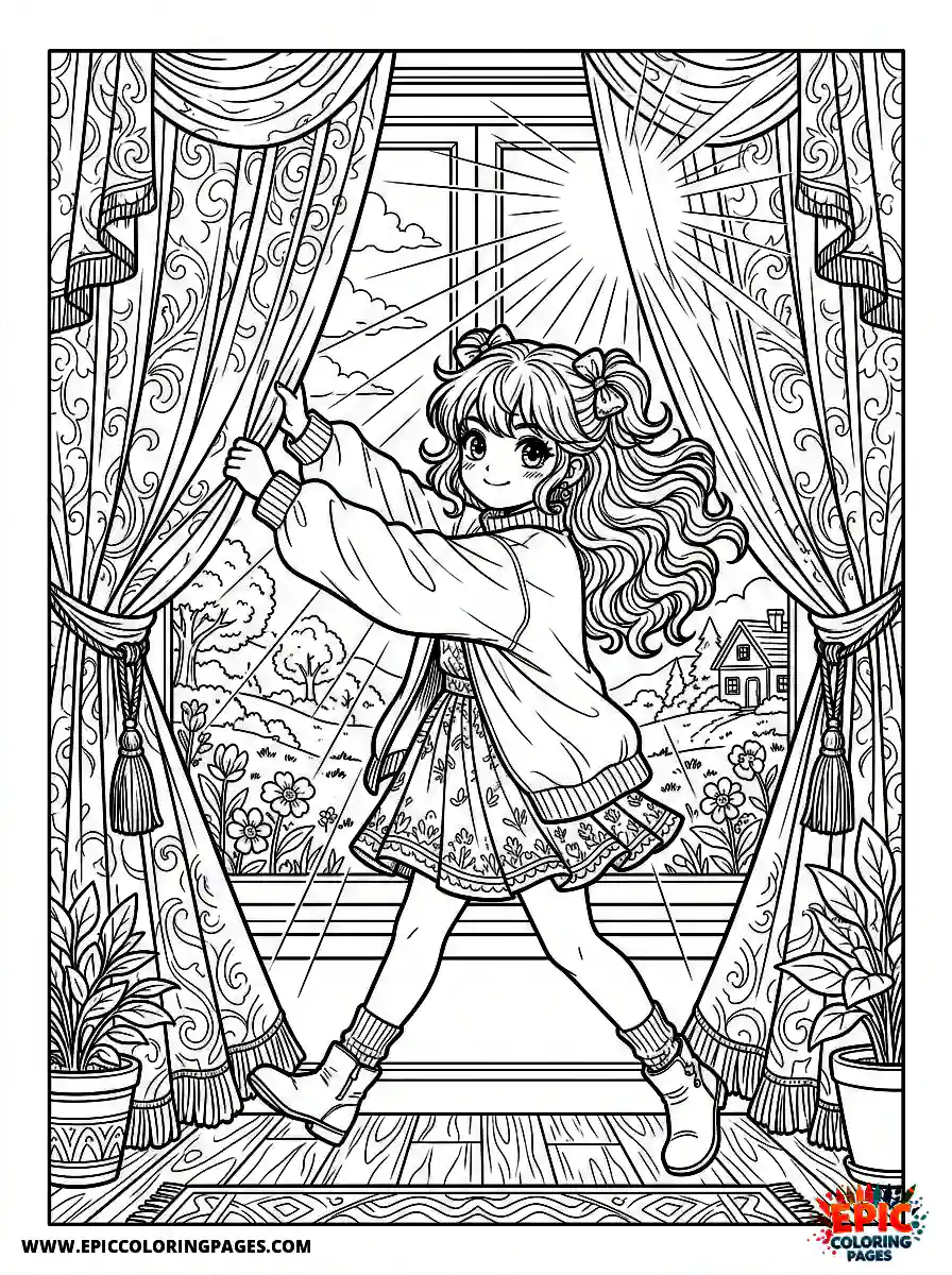 Manga Girl cute manga girl pulling open heavy curtains to reveal sunlight strong movement