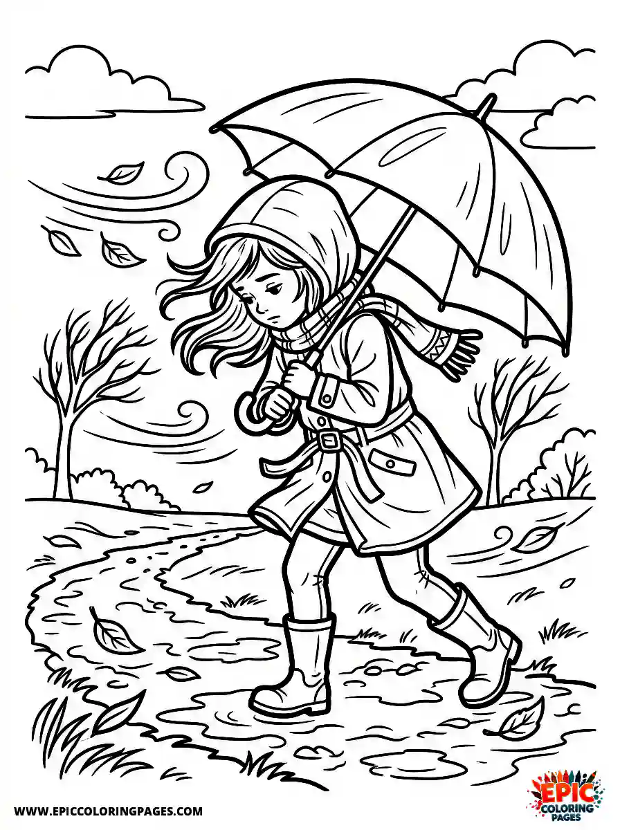 Detailed Girl detailed girl holding an umbrella while leaning forward in the wind