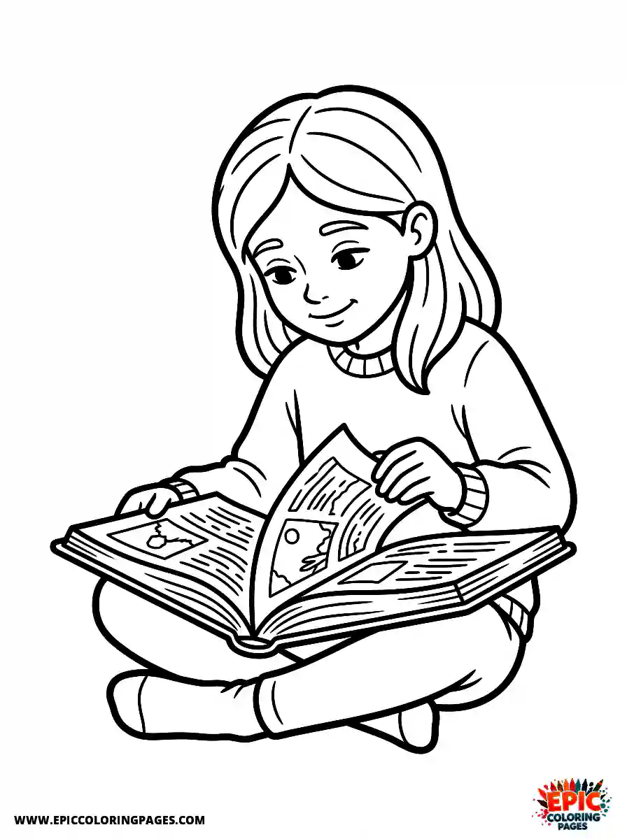 Detailed Girl detailed girl reading a large book while sitting crosslegged and turning a page