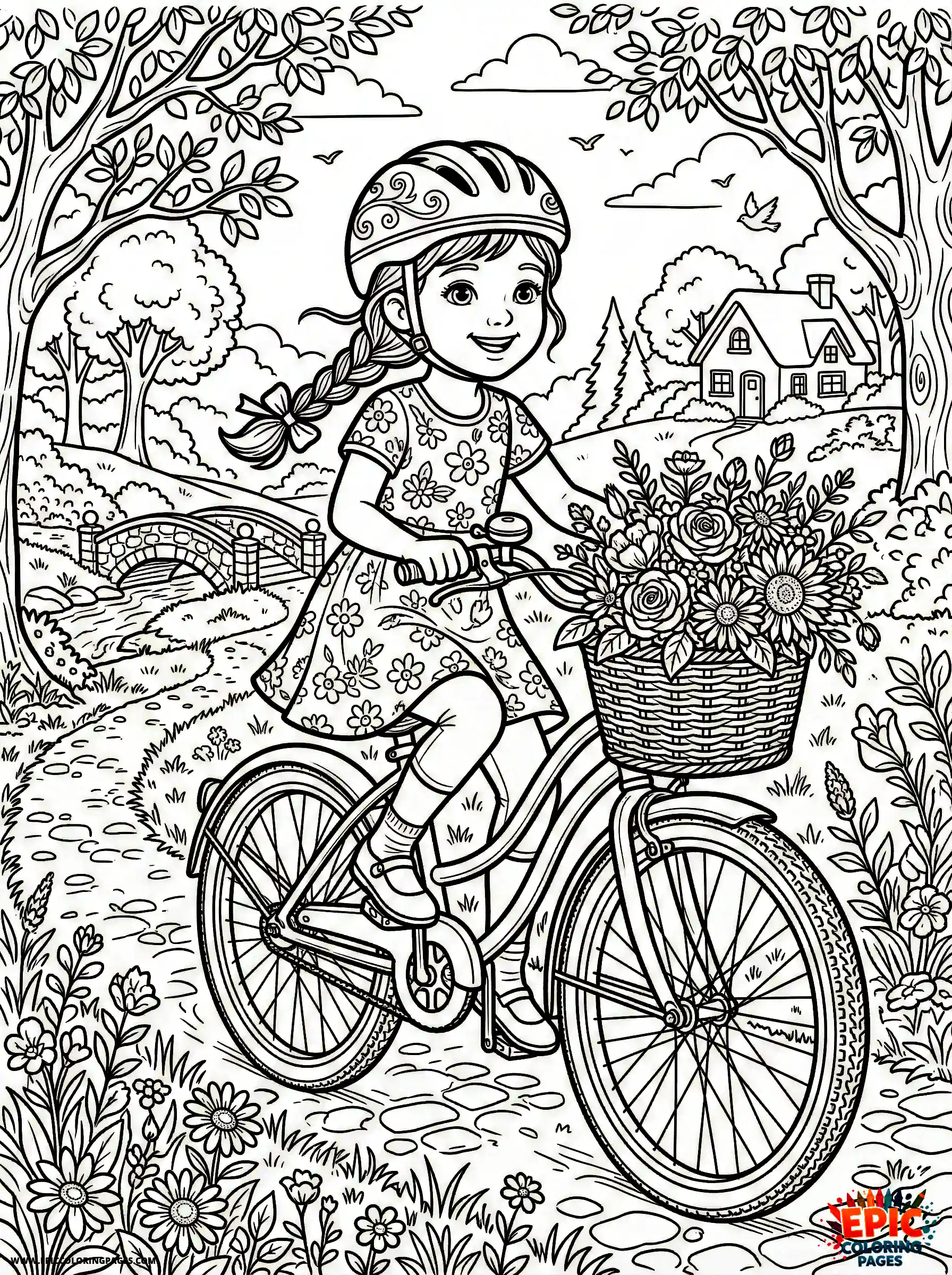 Detailed Girl detailed girl riding a bicycle with a basket full of flowers