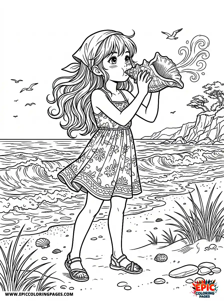 Manga Girl manga girl blowing a conch shell by the ocean strong exhale action