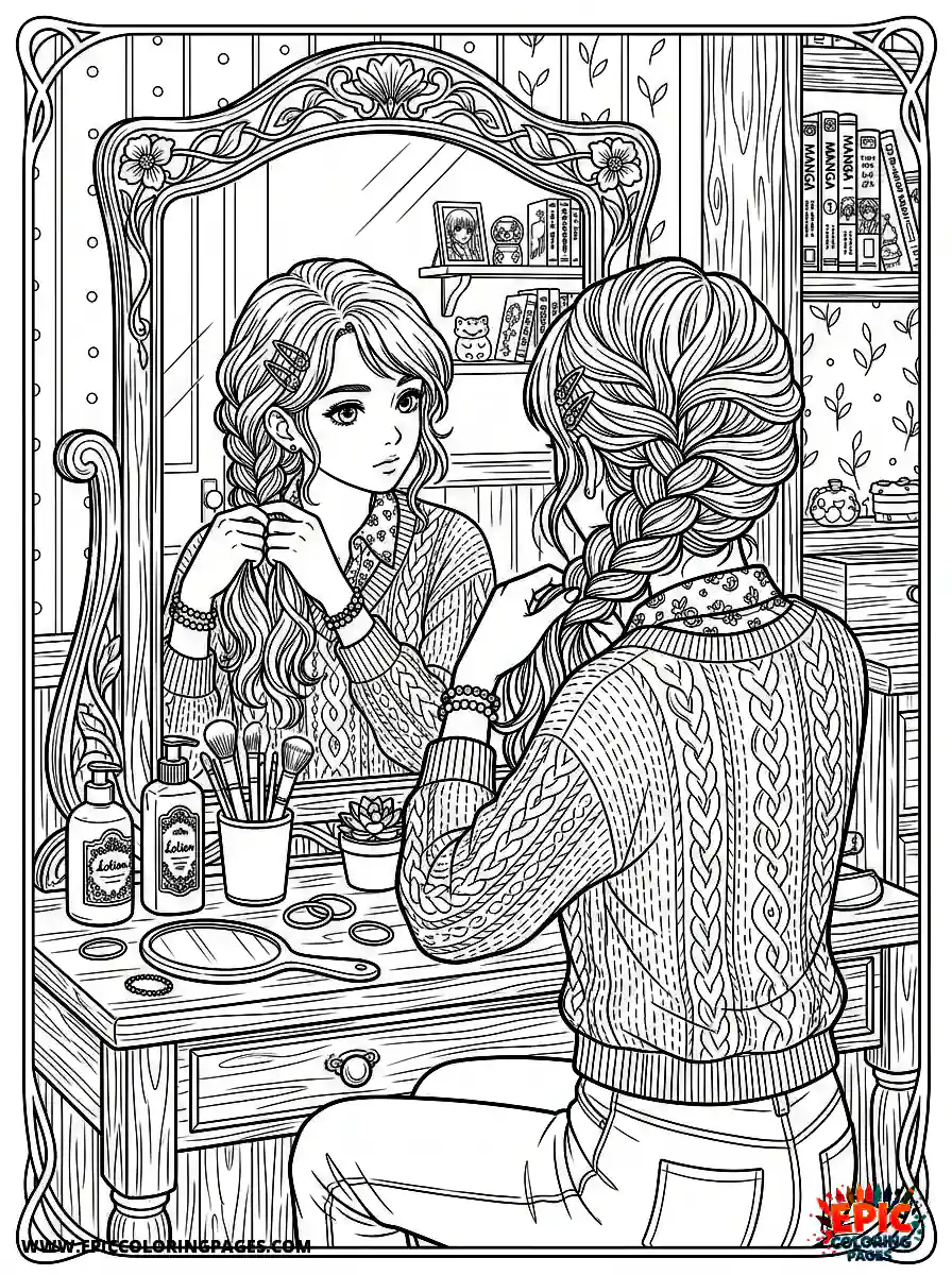 Manga Girl manga girl braiding hair in front of mirror