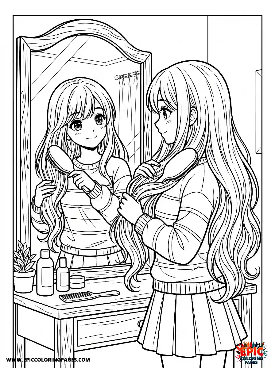 Manga Girl manga girl brushing her long hair in front of a mirror with smooth hand motion