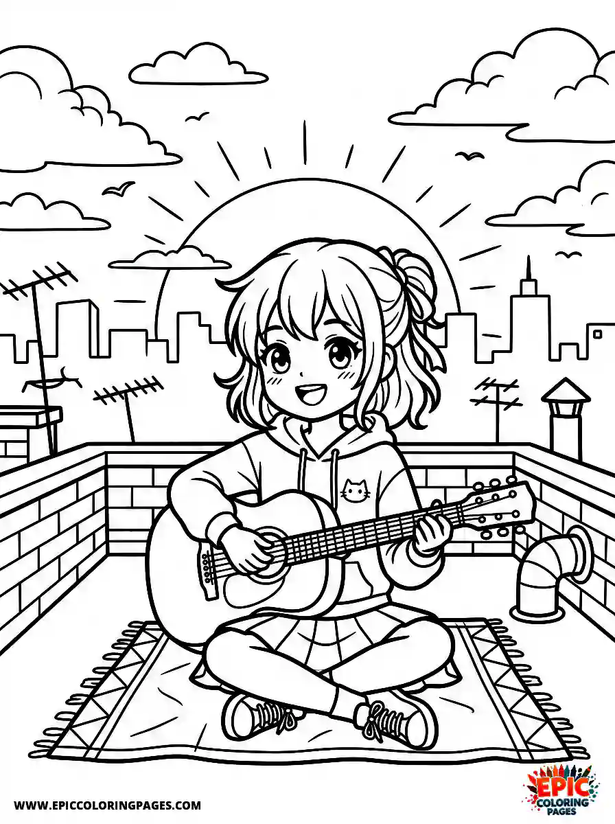 Manga Girl manga girl playing guitar on rooftop at sunset