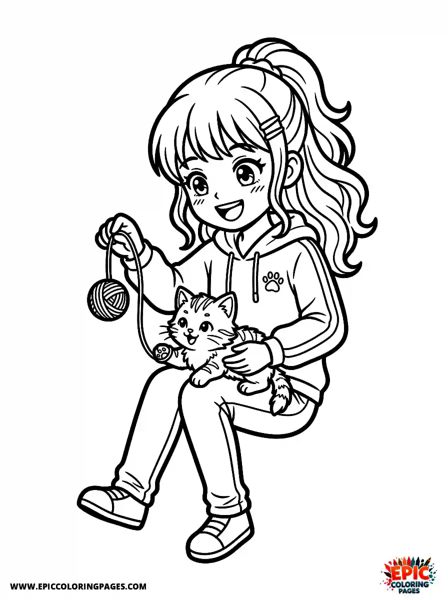 Manga Girl manga girl playing with kitten at home