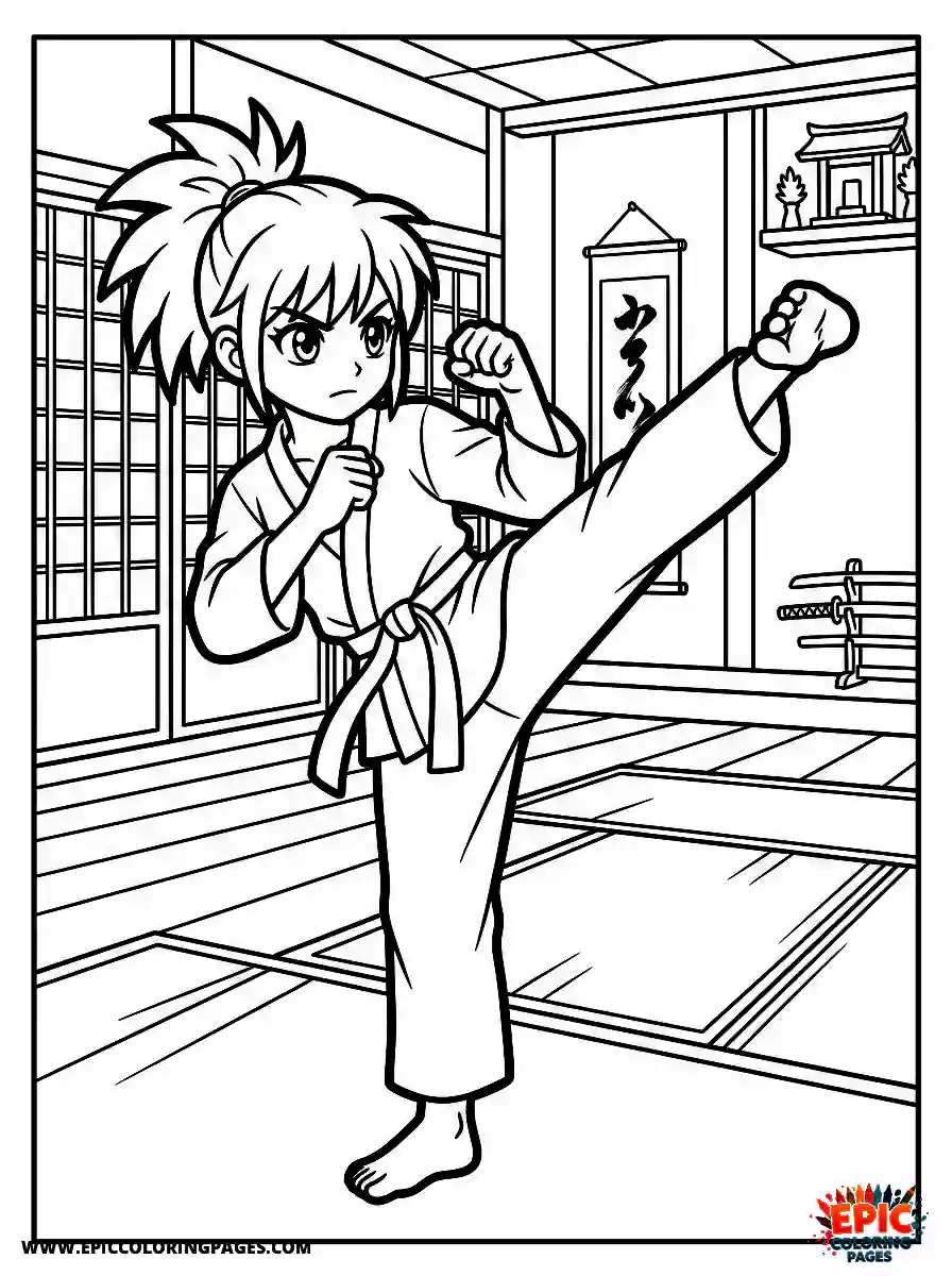 Manga Girl manga girl practicing martial arts kick in dojo