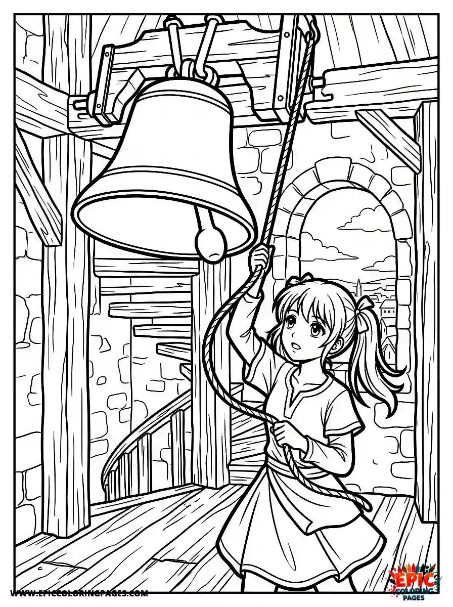 Manga Girl manga girl ringing a bell in a tower arm raised in motion