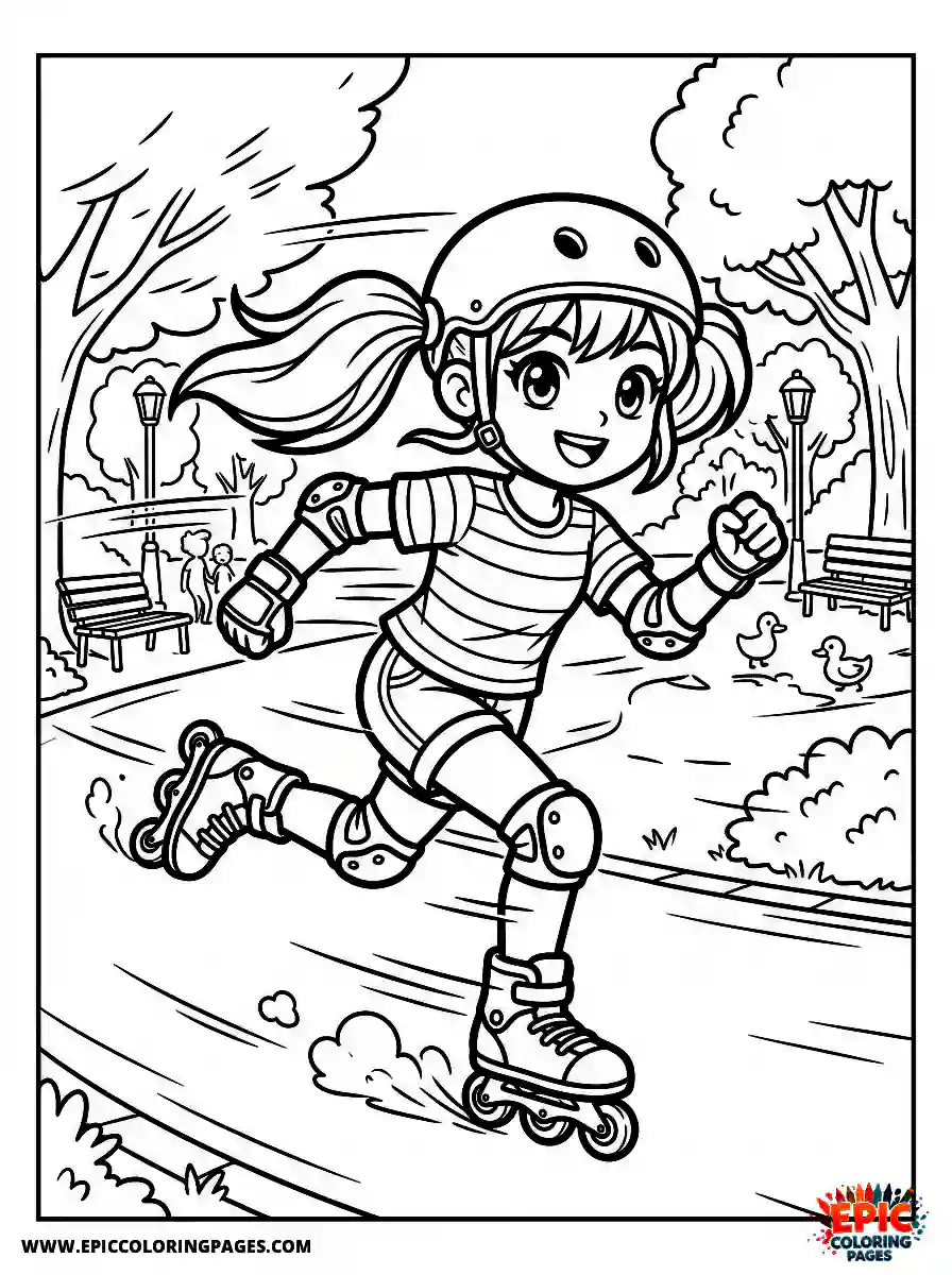 Manga Girl manga girl roller skating fast through a park motion blur style pose