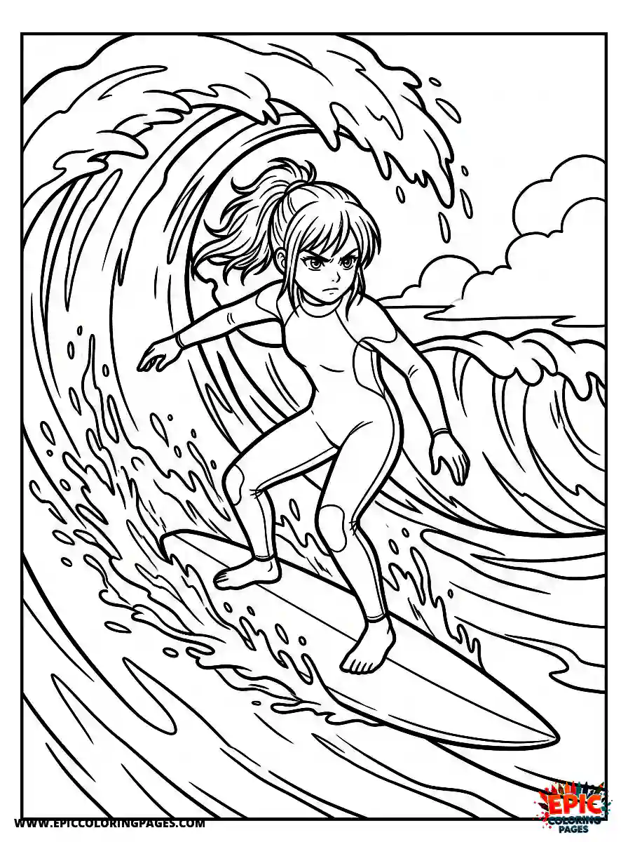 Manga Girl manga girl surfing a big wave with intense focus ocean splash motion