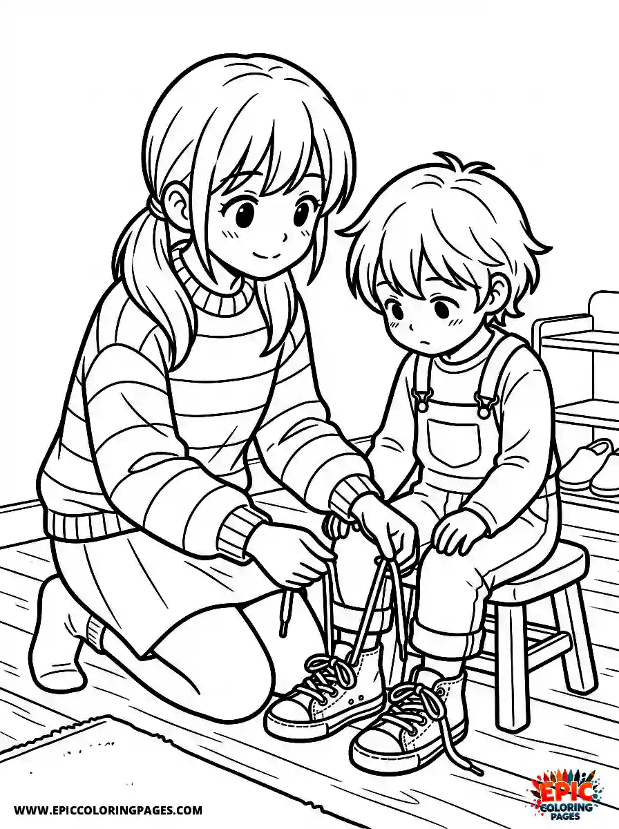 Manga Girl manga girl teaching younger sibling to tie shoes