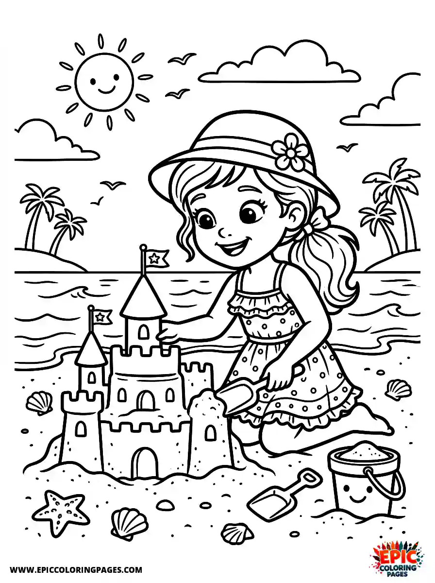 2D Disney Style Girl simple 2d disney style girl building sandcastle on beach