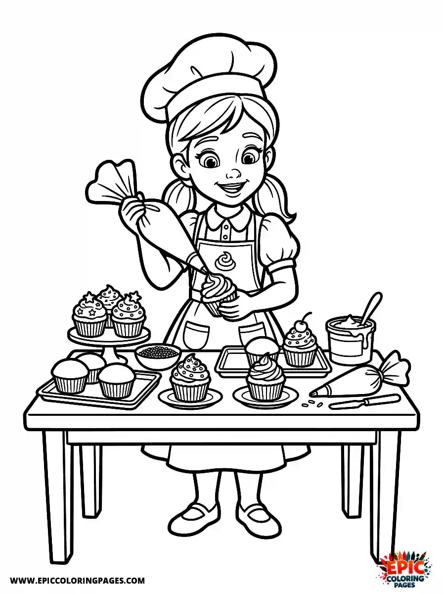 2D Disney Style Girl simple 2d disney style girl dressed as baker decorating cupcakes