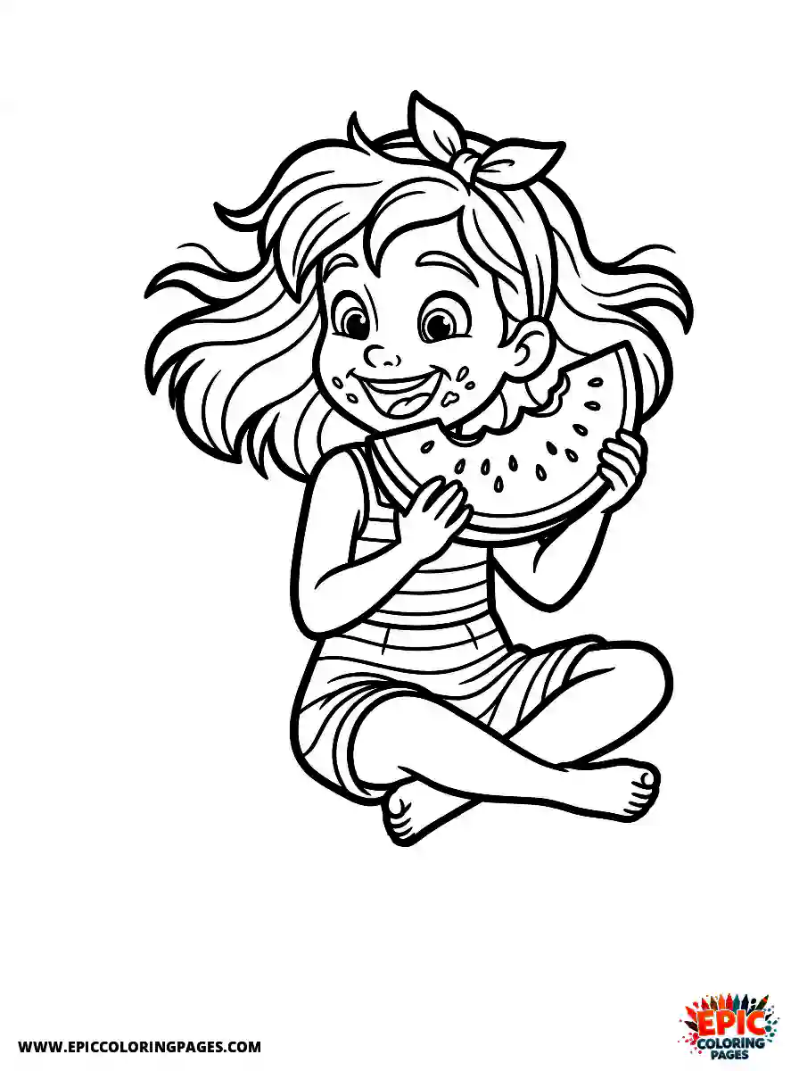 2D Disney Style Girl simple 2d disney style girl eating watermelon at picnic