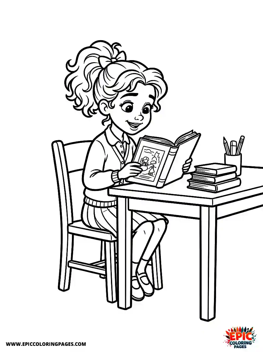 2D Disney Style Girl simple 2d disney style girl reading book at school library during study time
