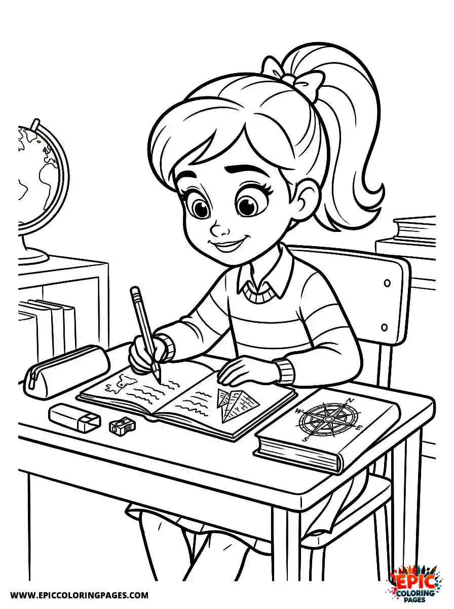 2D Disney Style Girl simple 2d disney style girl studying history at classroom desk with notebook