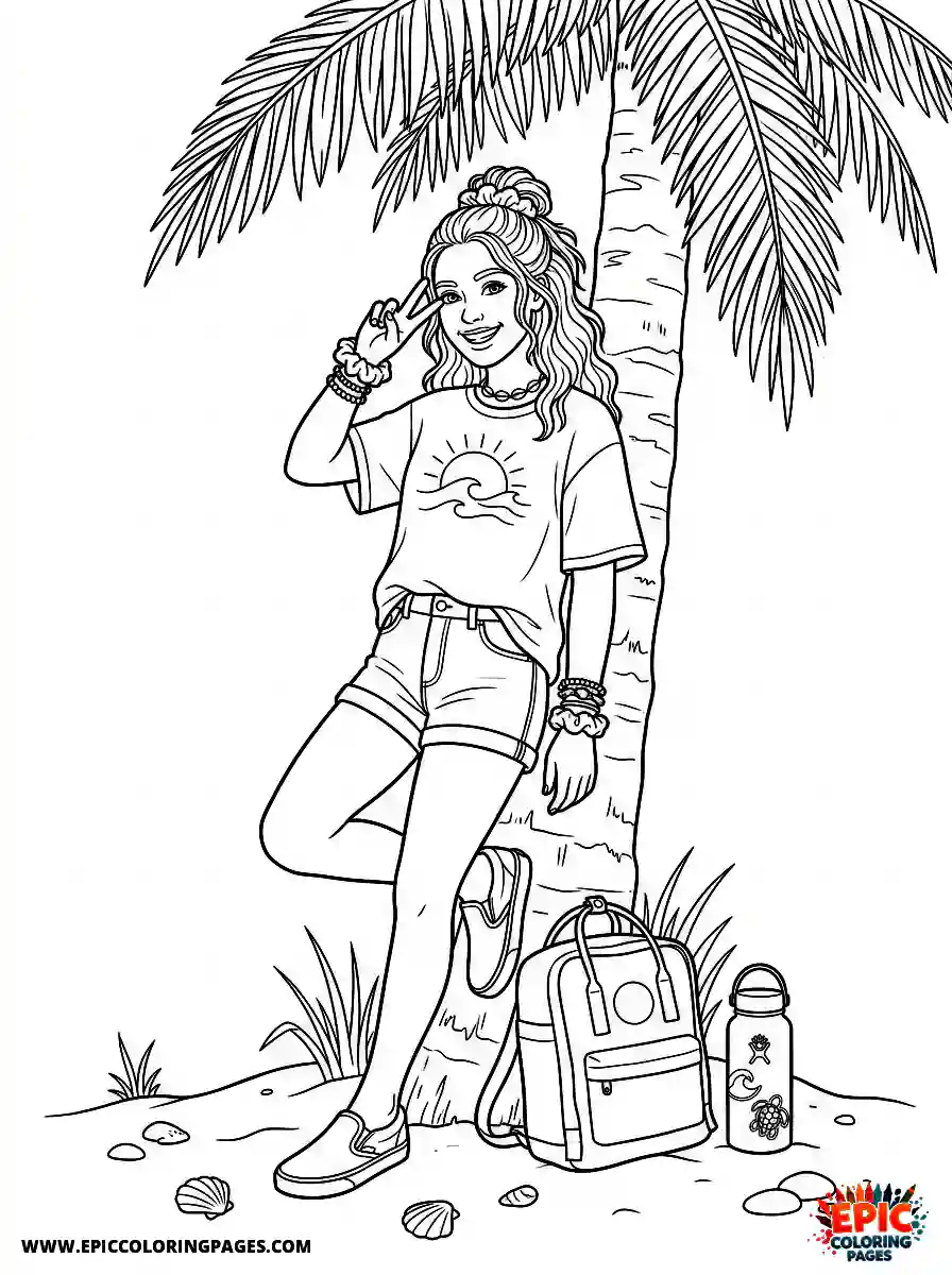 VSCO Girl vsco girl doing a peace sign while leaning against a palm tree