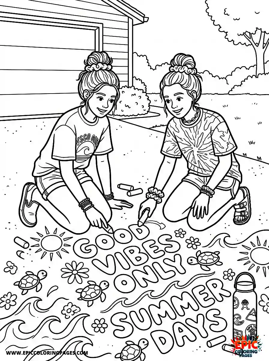 VSCO Girl vsco girl drawing sidewalk chalk art on a sunny driveway