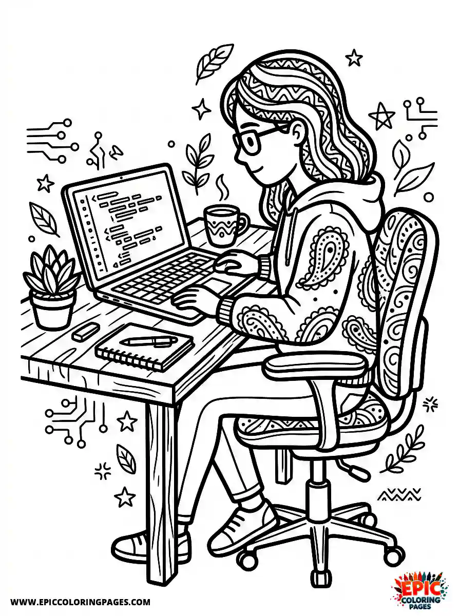 Zentangle Girl zentangle girl computer programmer coding at desk