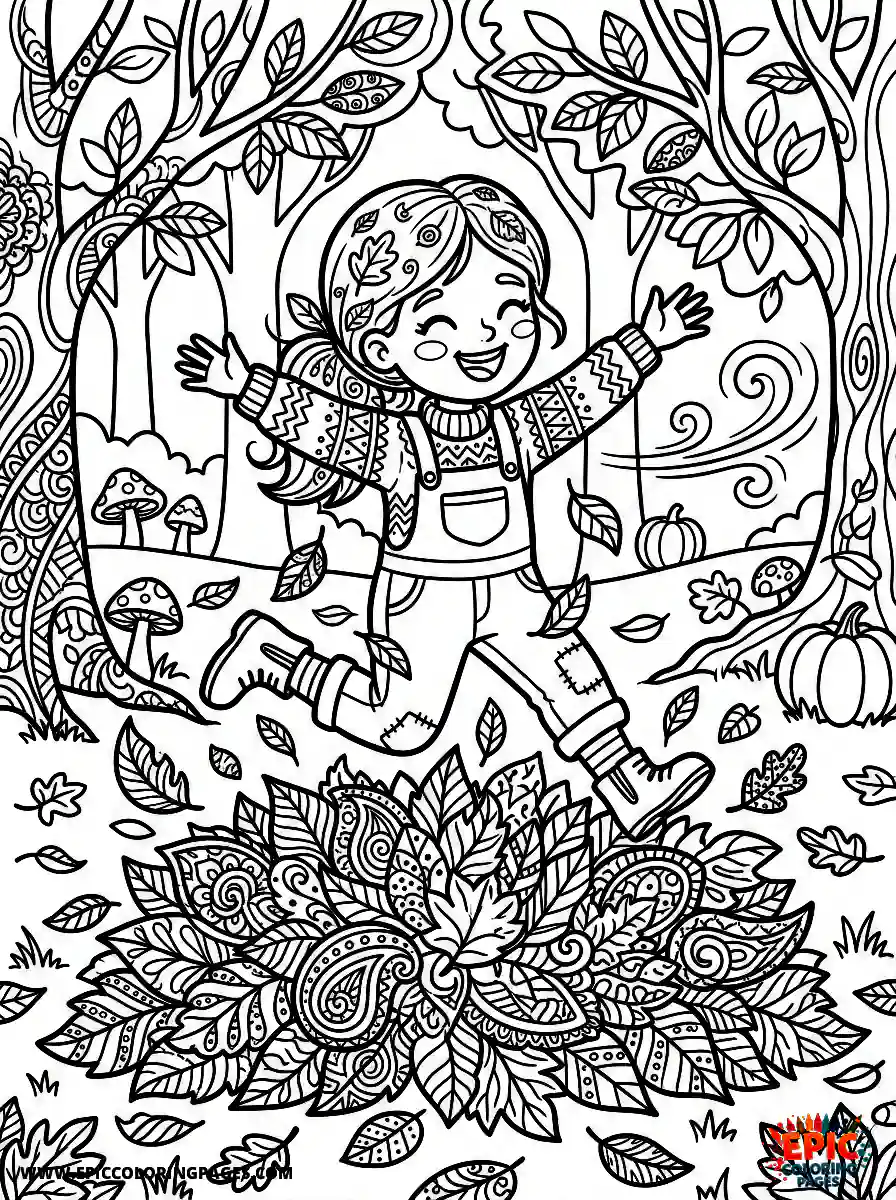 Zentangle Girl zentangle girl jumping into a pile of patterned leaves autumn scene